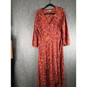Peruvian Connection Dress‎ Women Large Red Floral Faux Wrap Maxi Lagenlook